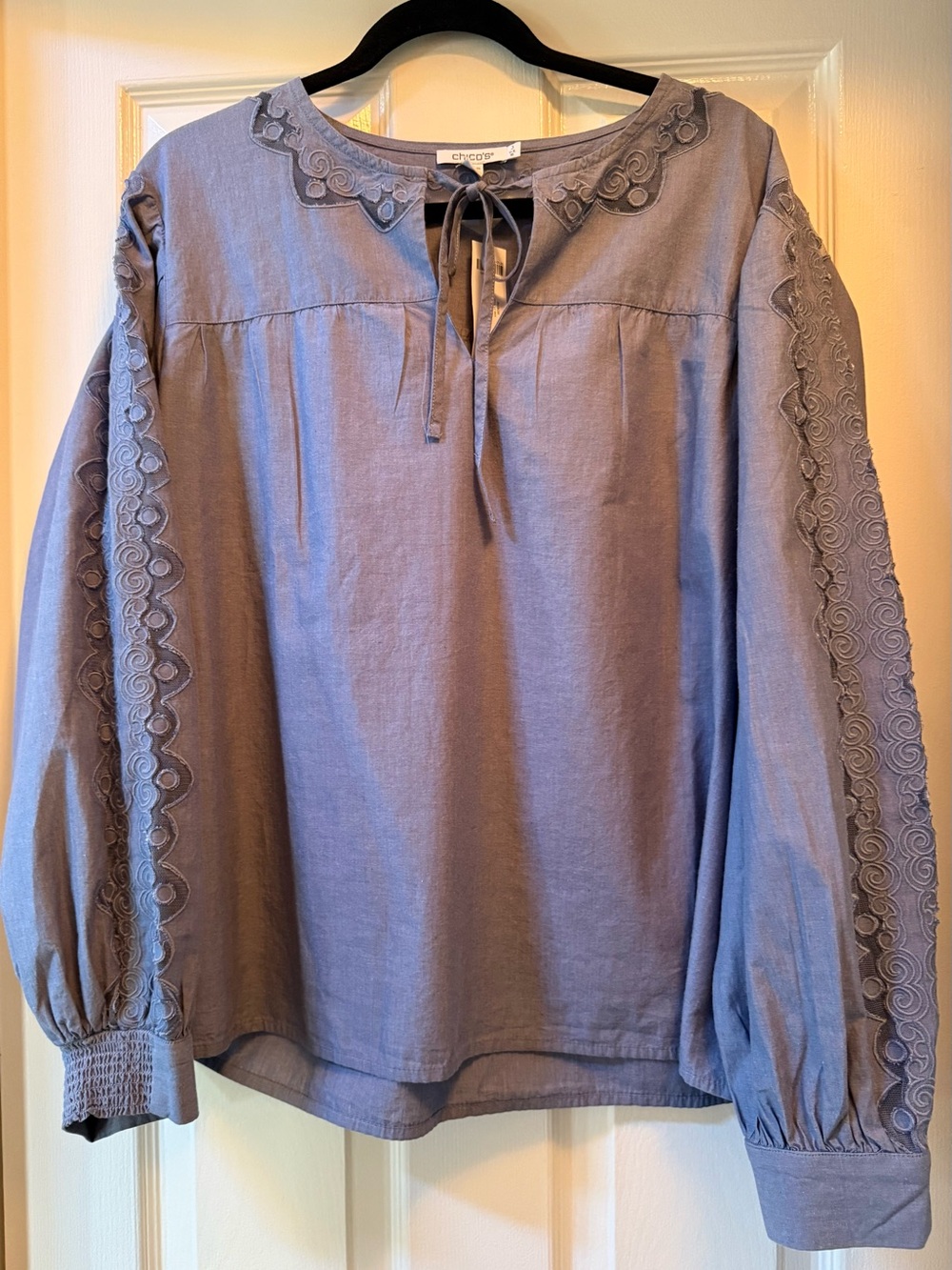 CHICO’S Chambray Lace Tie-Front Cotton Blouse-Size 3 (XL)